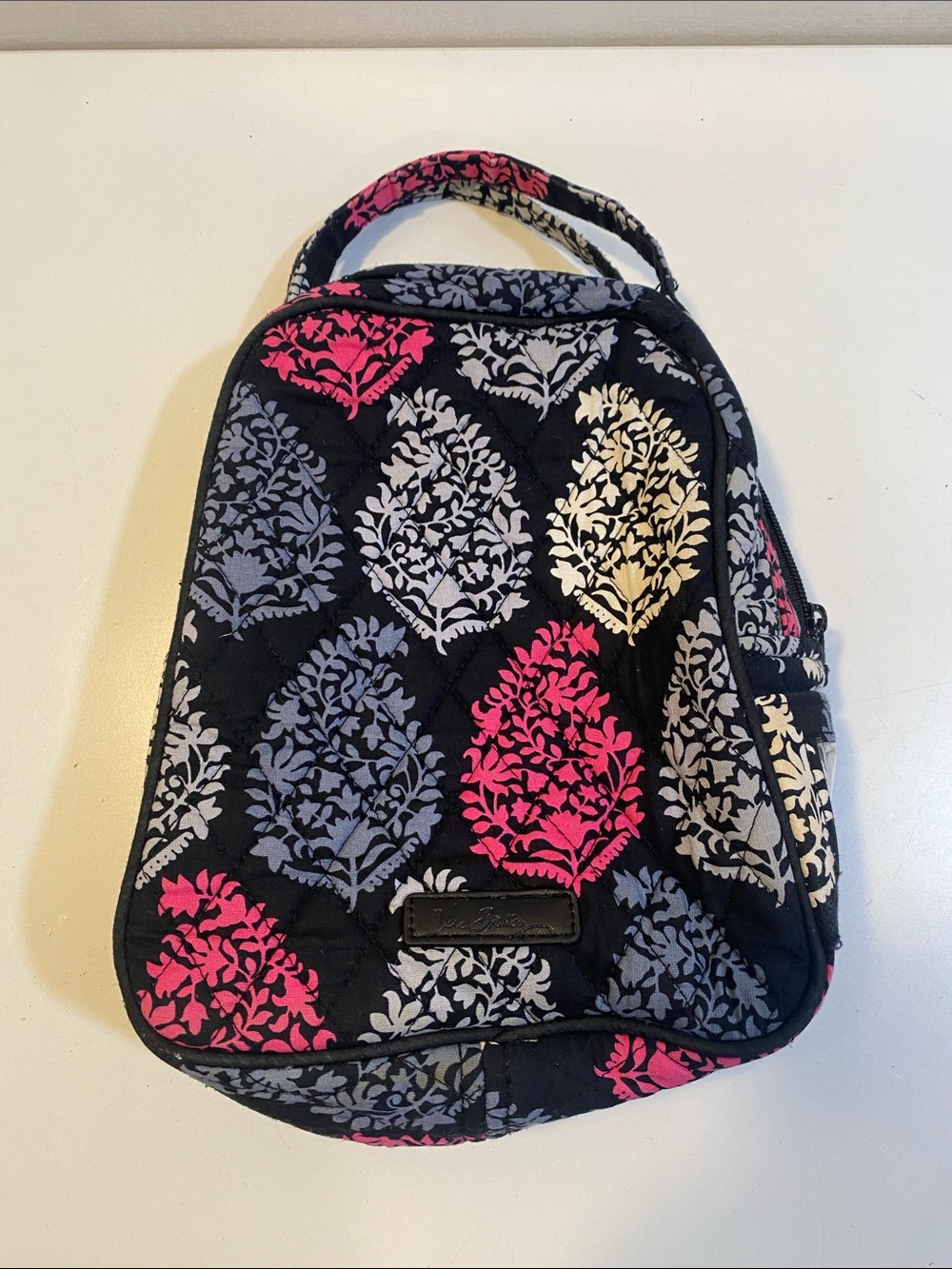 Vera Bradley Black Quilted Lunch Bag with Pink & Gray Damask